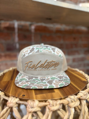 Fieldstone 7 Panel Script Logo Camo Hat