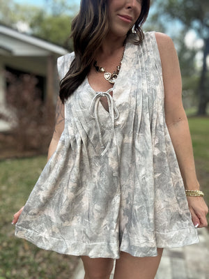 Amelia French Terry Pleated Romper - Woodsy Camo