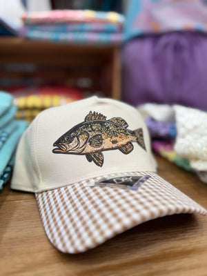 Rhinestone Bass Tan Gingham Trucker Hat