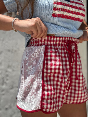 Jenny Gingham Mini Shorts With Floral Lace