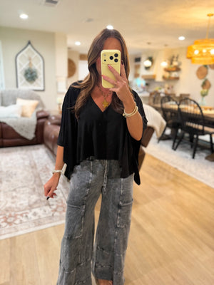 Ava Flowy Vneck Poncho Top - Black