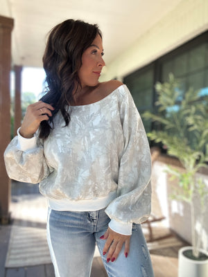 Audrina Off Shoulder Camo Sweater Top
