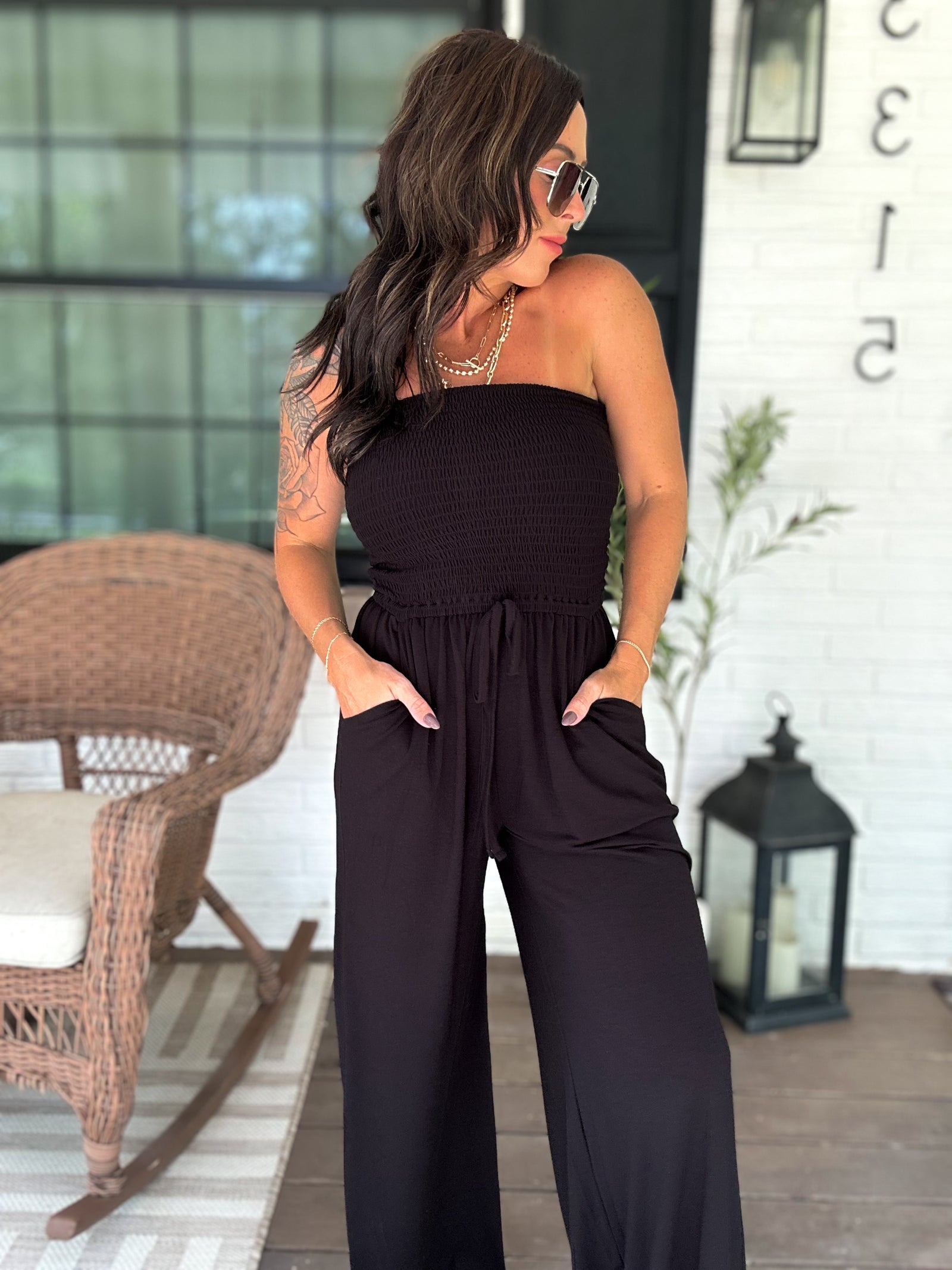 Little Too Late Smocked Jumpsuit - Black