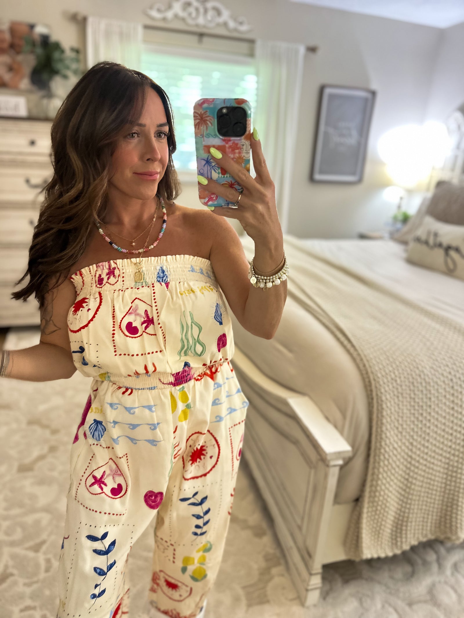 Shelby Coastal Motif Denim Strapless Jumpsuit