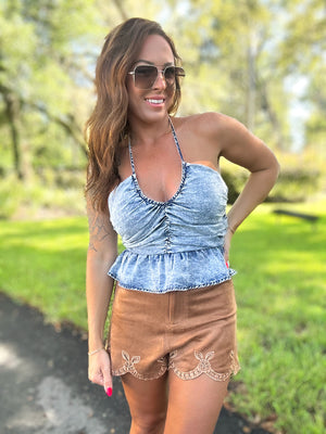 Nothin' Left Washed Denim Halter Top