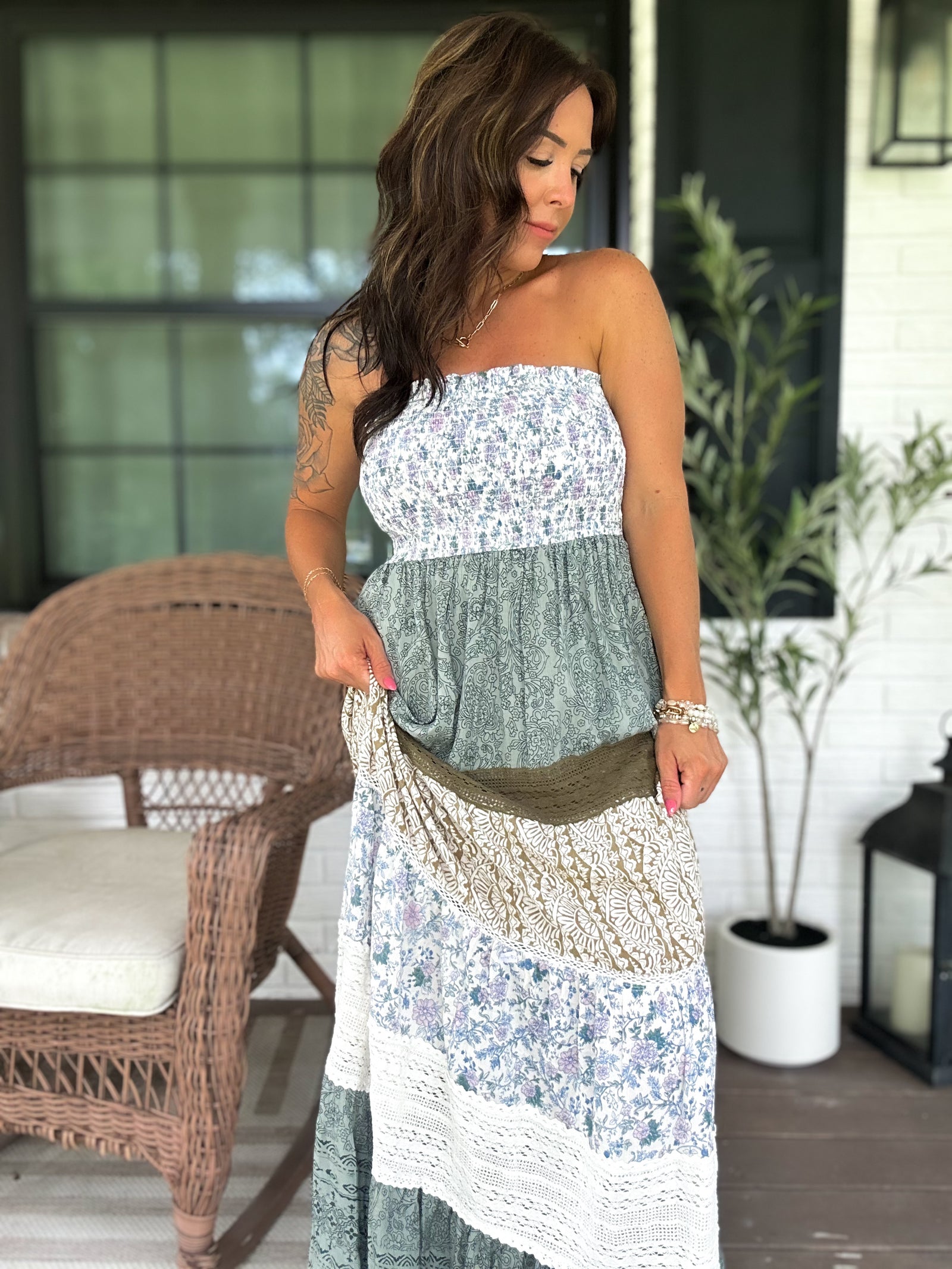 Hazel Strapless Lace Tiered Maxi