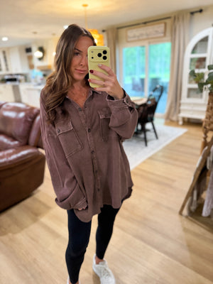 Sandi Stonewashed Oversized Knit Shacket - Brown