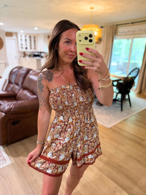Etta Smocked Strapless Boot Printed Romper - Clay