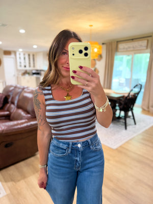 Randi Striped Square Neck Crop Top - Brown