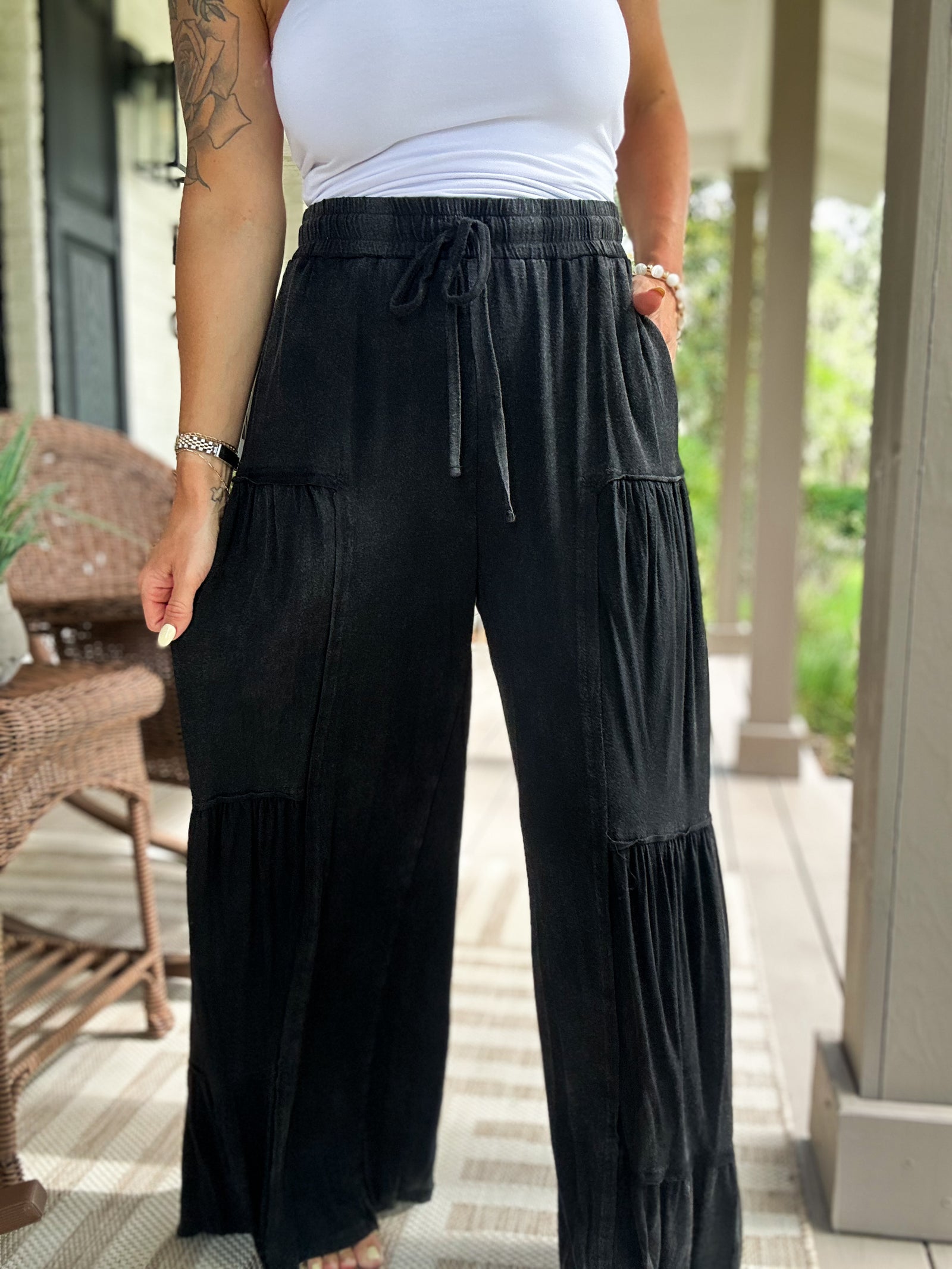 Arabella Mineral Washed Tiered Wide Leg - Black