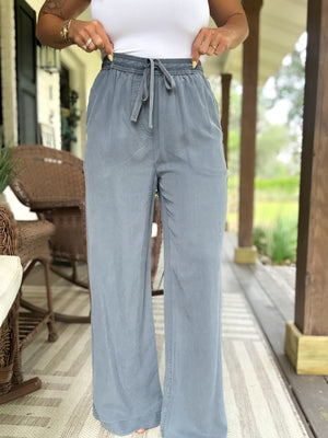 Brittani Tencel Wide Legged Linen Pants- Denim