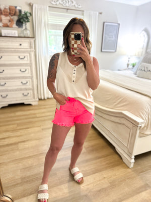 On The Edge Neon Coral Denim Shorts