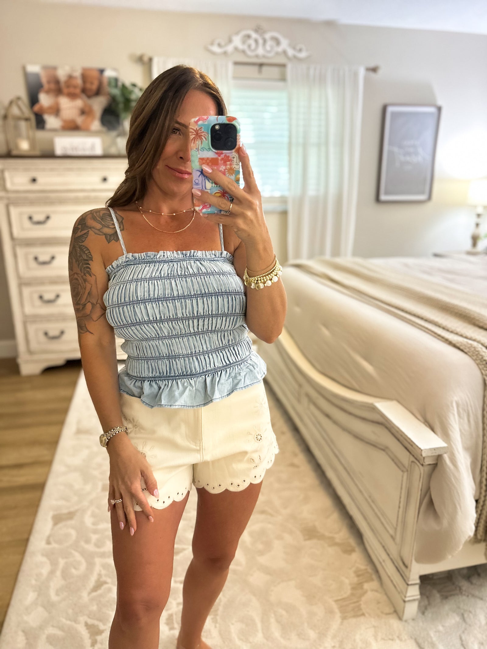 Millie Smocked Chambray Top - Light