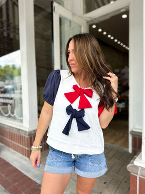 Little Miss USA Puff Sleeve Bow Detail Top