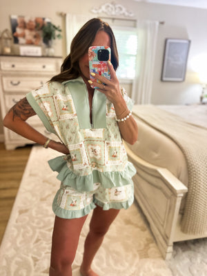 Abigail Floral Mallard Zip-Up Patchwork Top