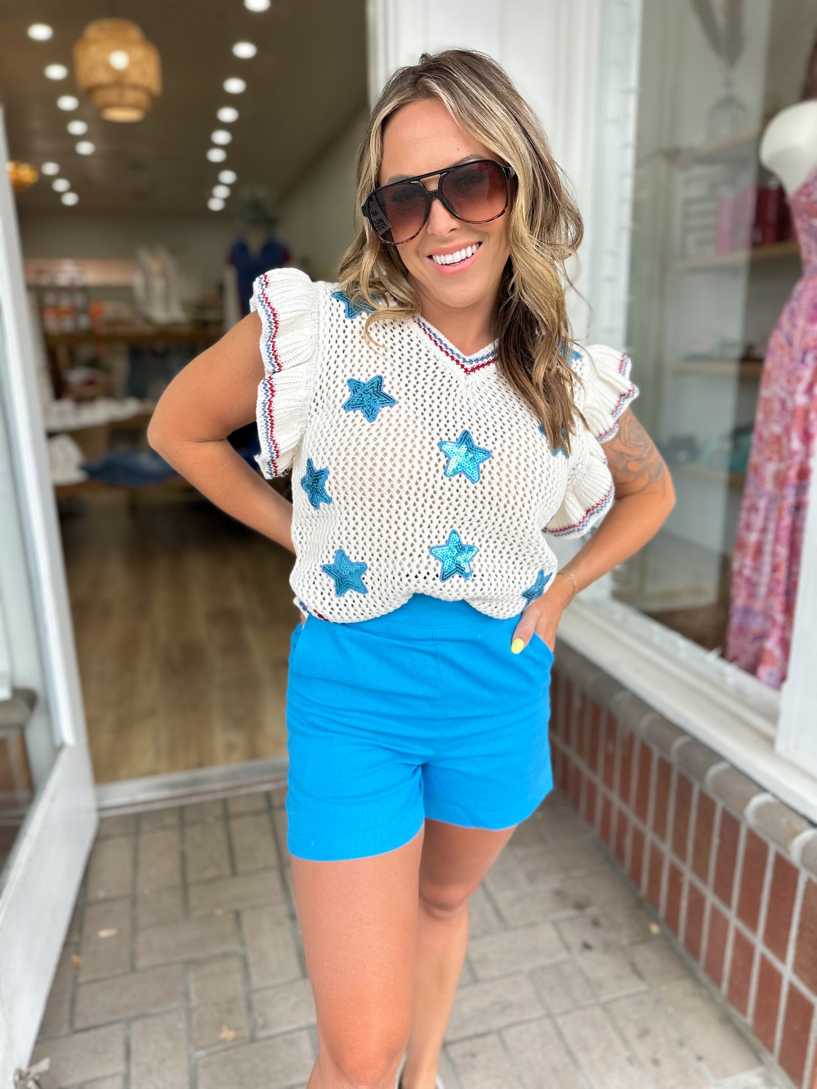 Isn't She Lovely Stiff Linen Shorts - Blue