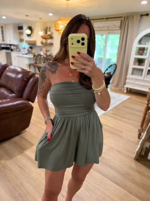 No Worries Strapless Romper - Olive