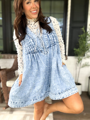 Alyssa Denim Pearl Romper - Denim - QUICK PREORDER