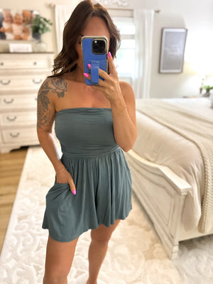 No Worries Strapless Romper - Ash Olive