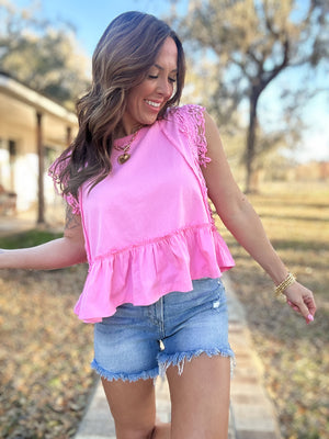 Mable Lace Trim Top - Charming Pink