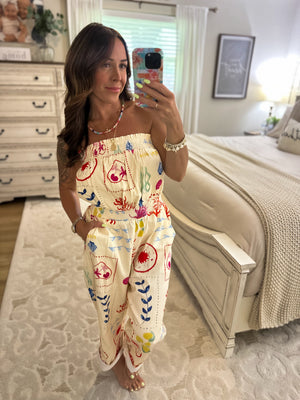 Shelby Coastal Motif Denim Strapless Jumpsuit