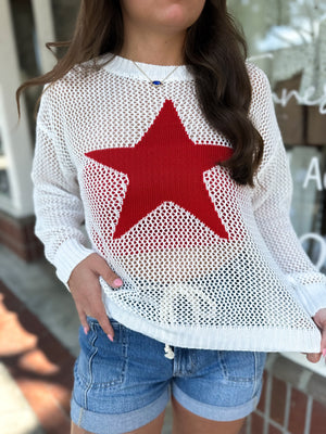 Star Gazing Oversized Open Knit Top - Red