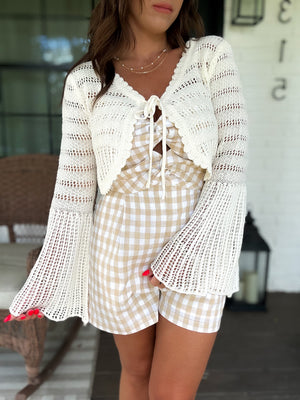 Here & Now Bell Sleeve Tie Front Cropped Cardigan