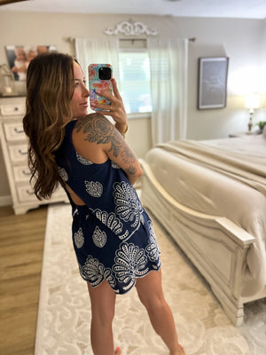 Daphne Embroidered Open Back Tank - Navy