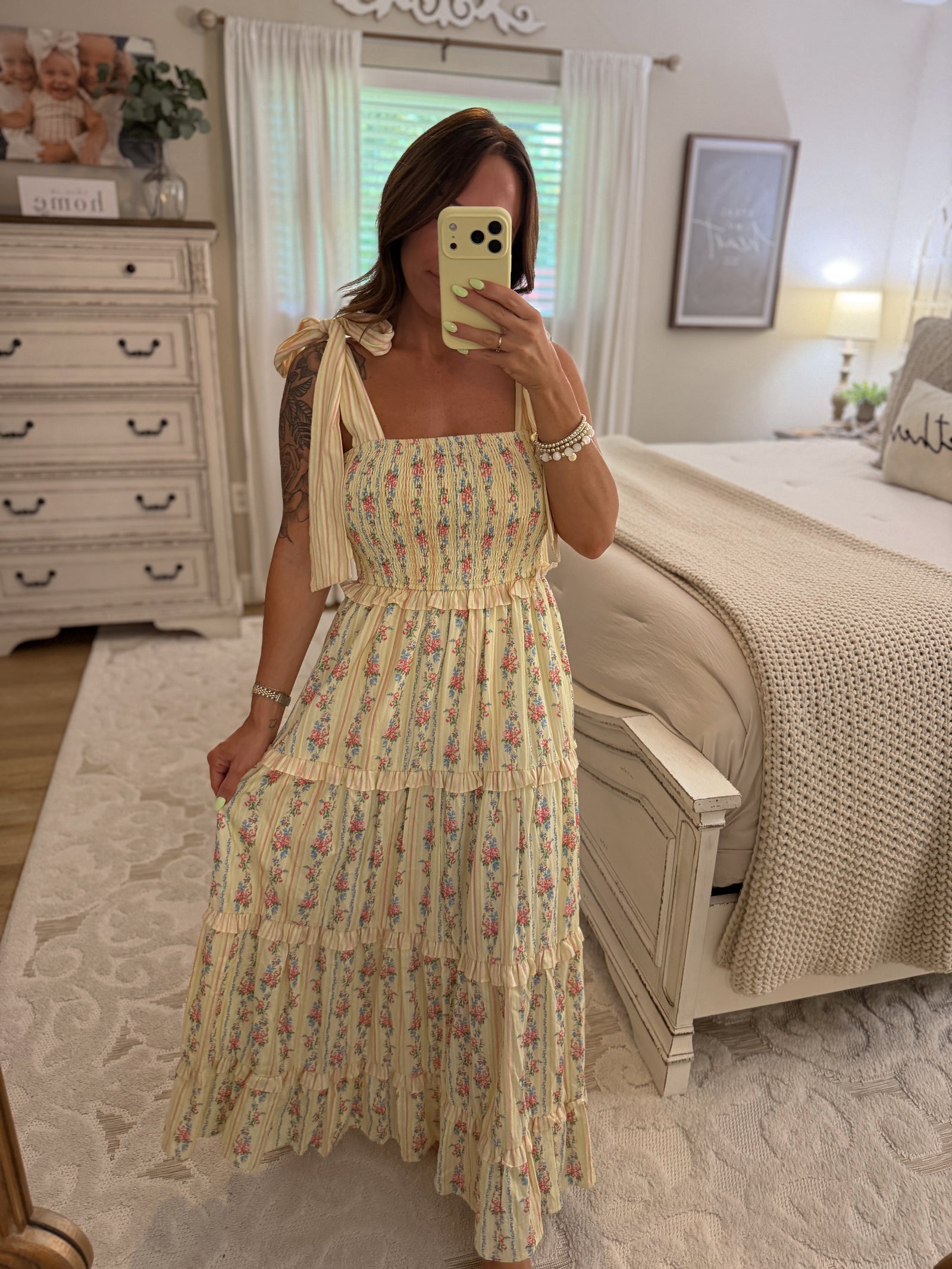 Penni Stripe & Floral Print Bowtie Tiered Maxi Dress