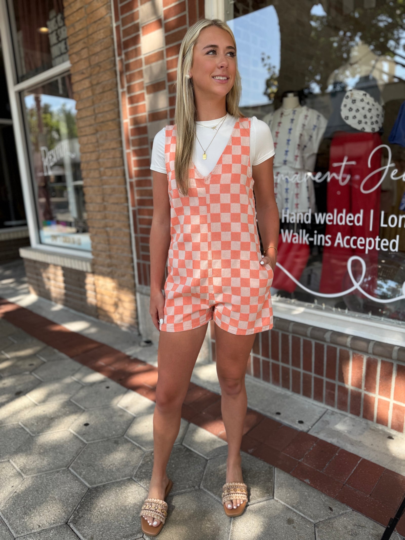 Feelin' So Cool Checkered Romper - Peach