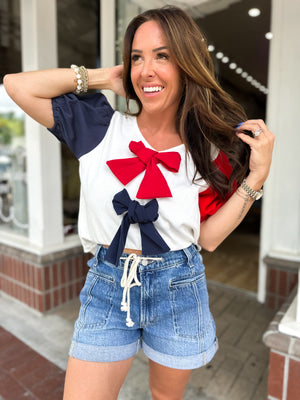 Little Miss USA Puff Sleeve Bow Detail Top