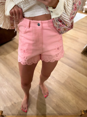 Francie Eyelet Embroidered Scallop Shorts - Peach