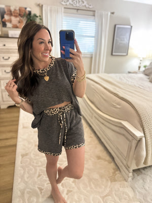 Hailey Leopard Trim Round Neck Top - Charcoal