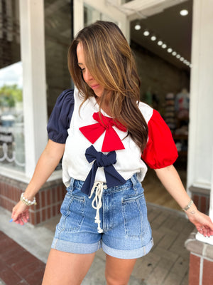 Little Miss USA Puff Sleeve Bow Detail Top
