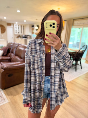 Sterling Plaid Collared Button Down Distressed Top - Blue