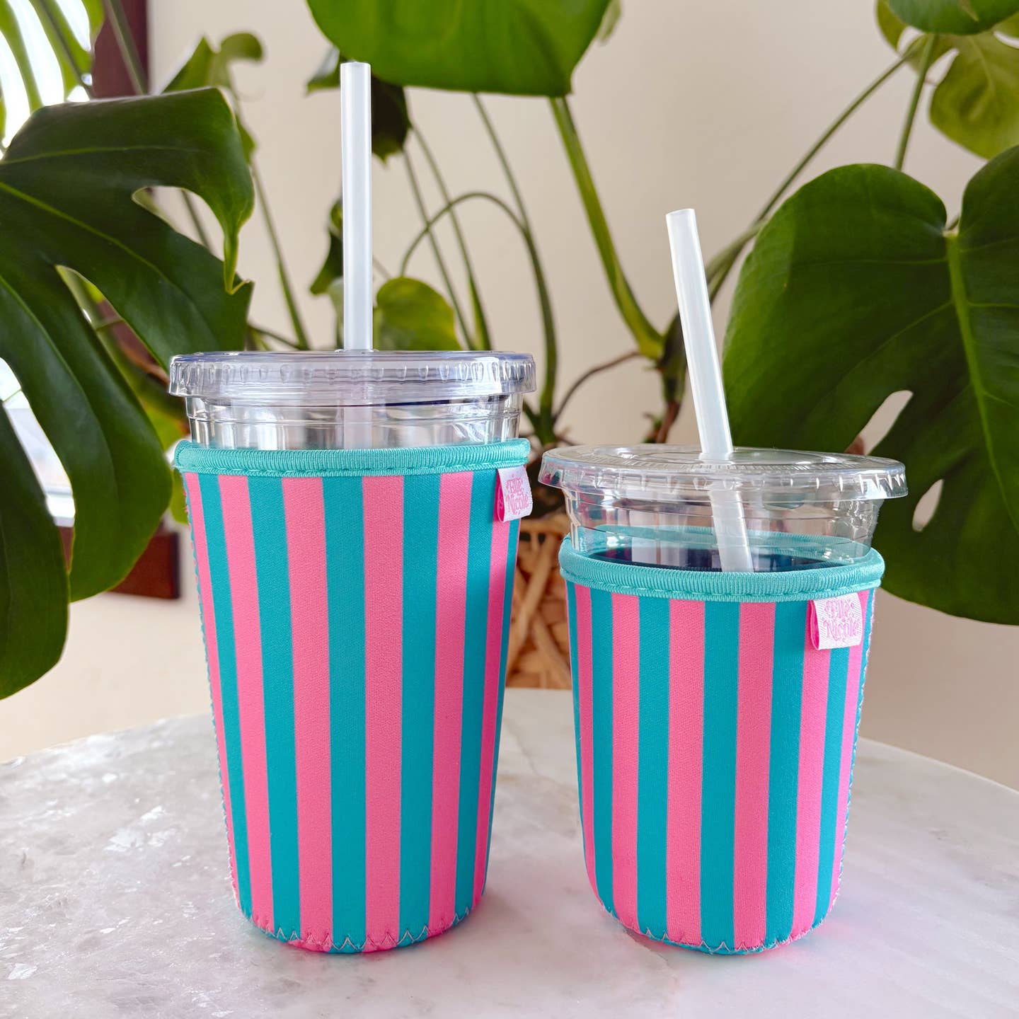 Iced Coffee Cup Cover - Blue & Pink Stripe