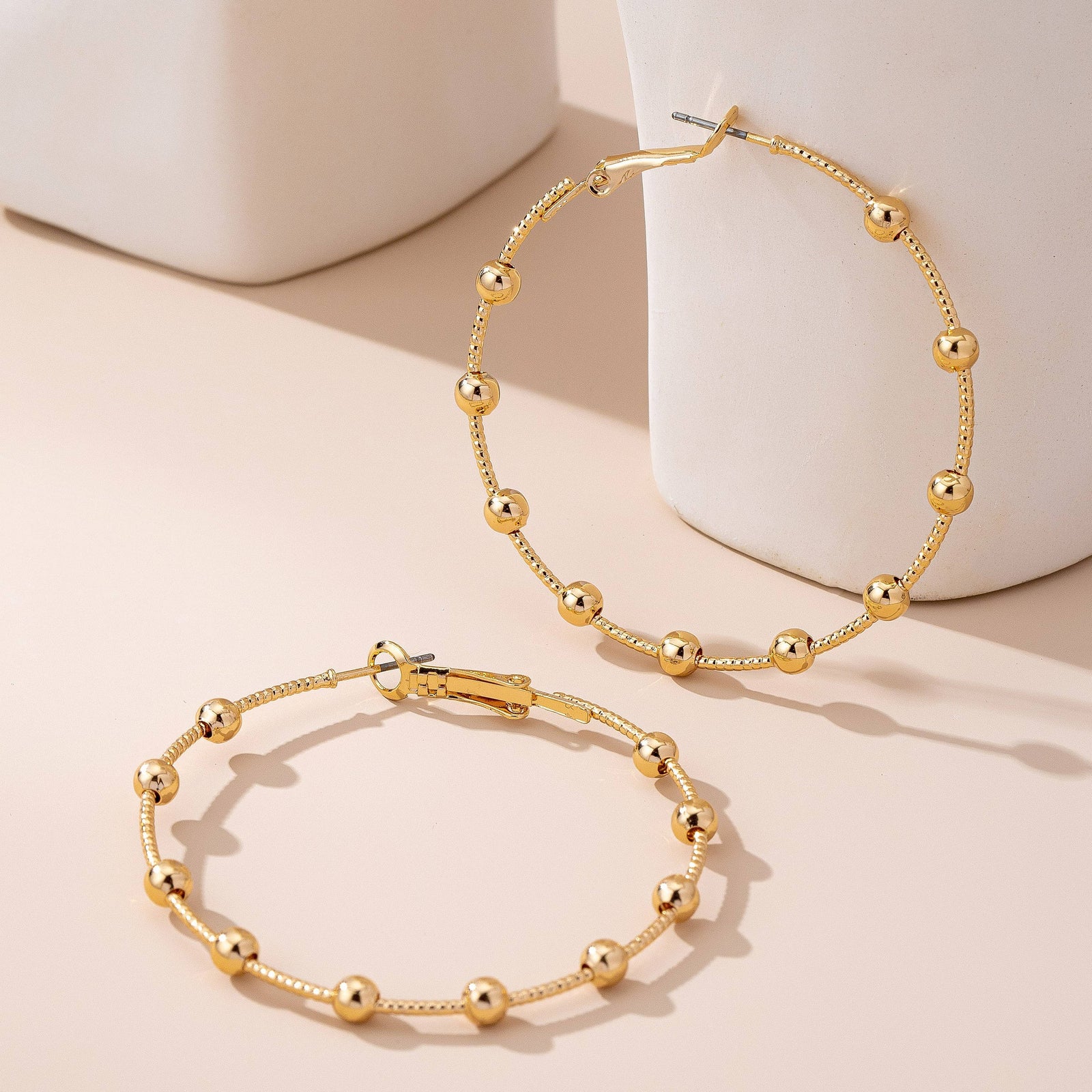 Classic Gold Ball Beaded Station Hoop Earrings