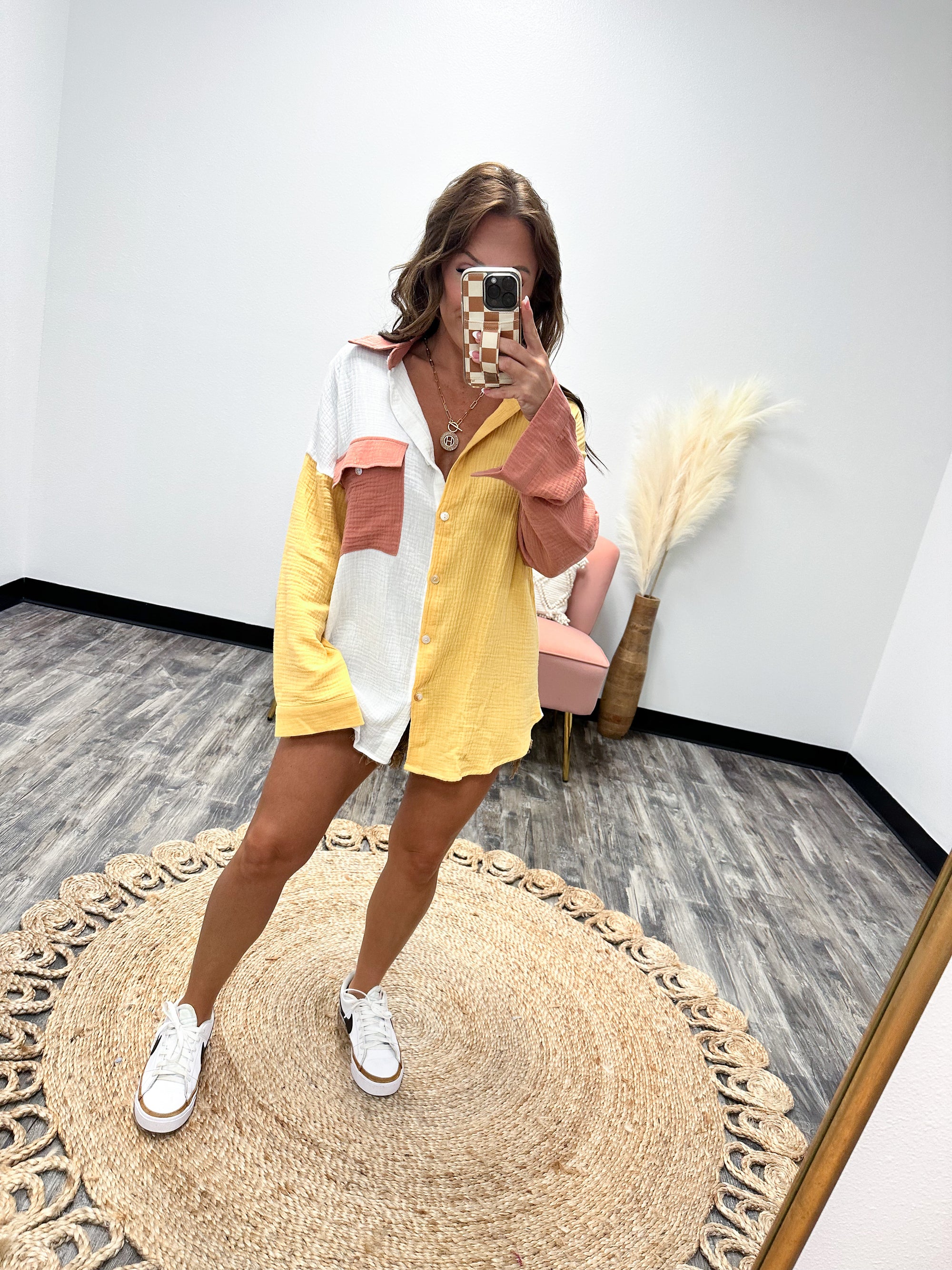 Lost Hope Color Block Button Down Top - Mustard