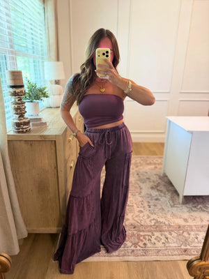 Mason Mineral Washed Tiered Wide Leg Pants - Eggplant