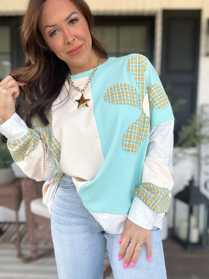 Drue Flower Patch Long Sleeve Sweater - Aqua