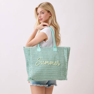 Summer Woven Straw Fringe Tote Bag