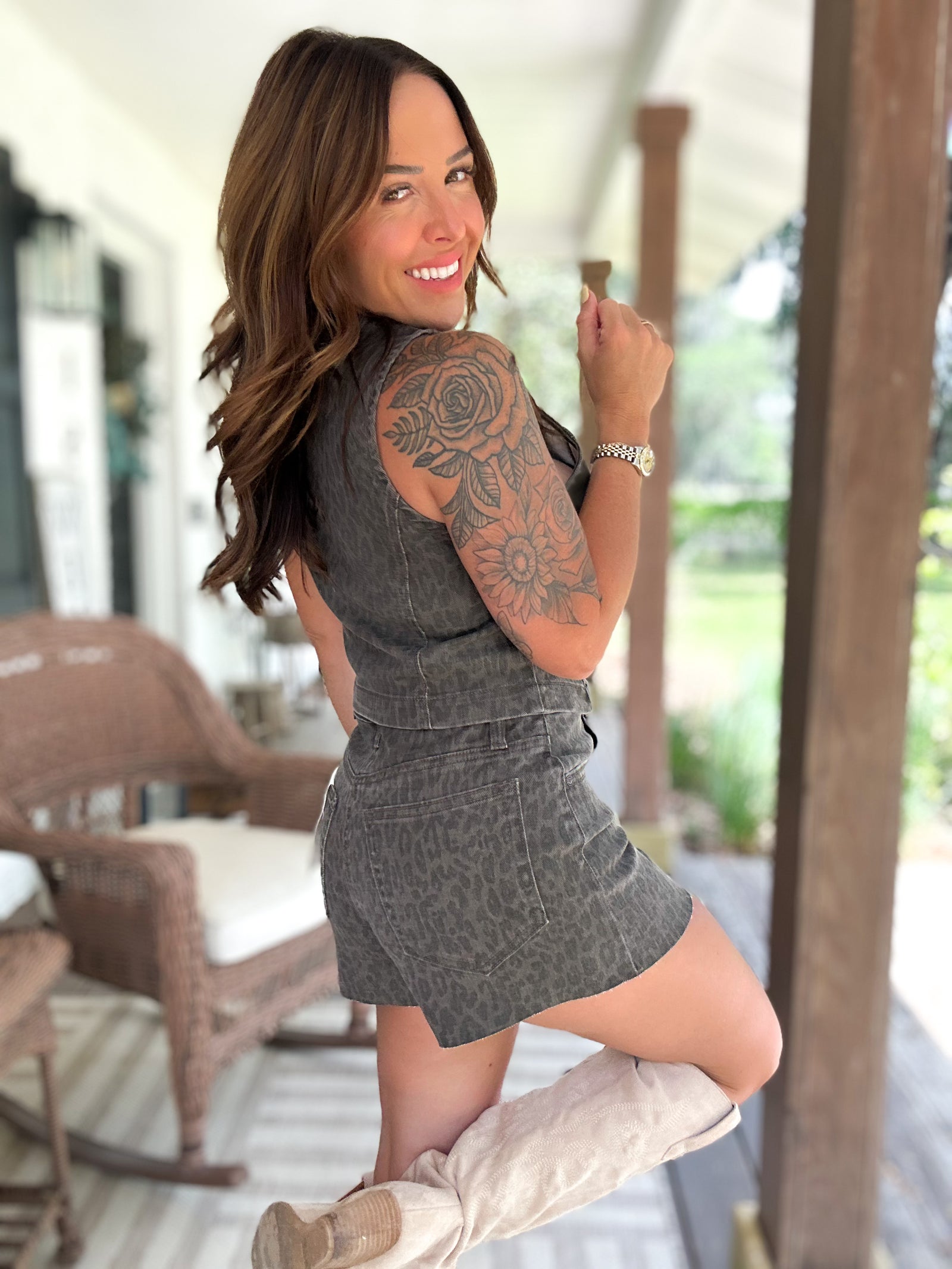 Teague Brown Cheetah Denim Vest Top