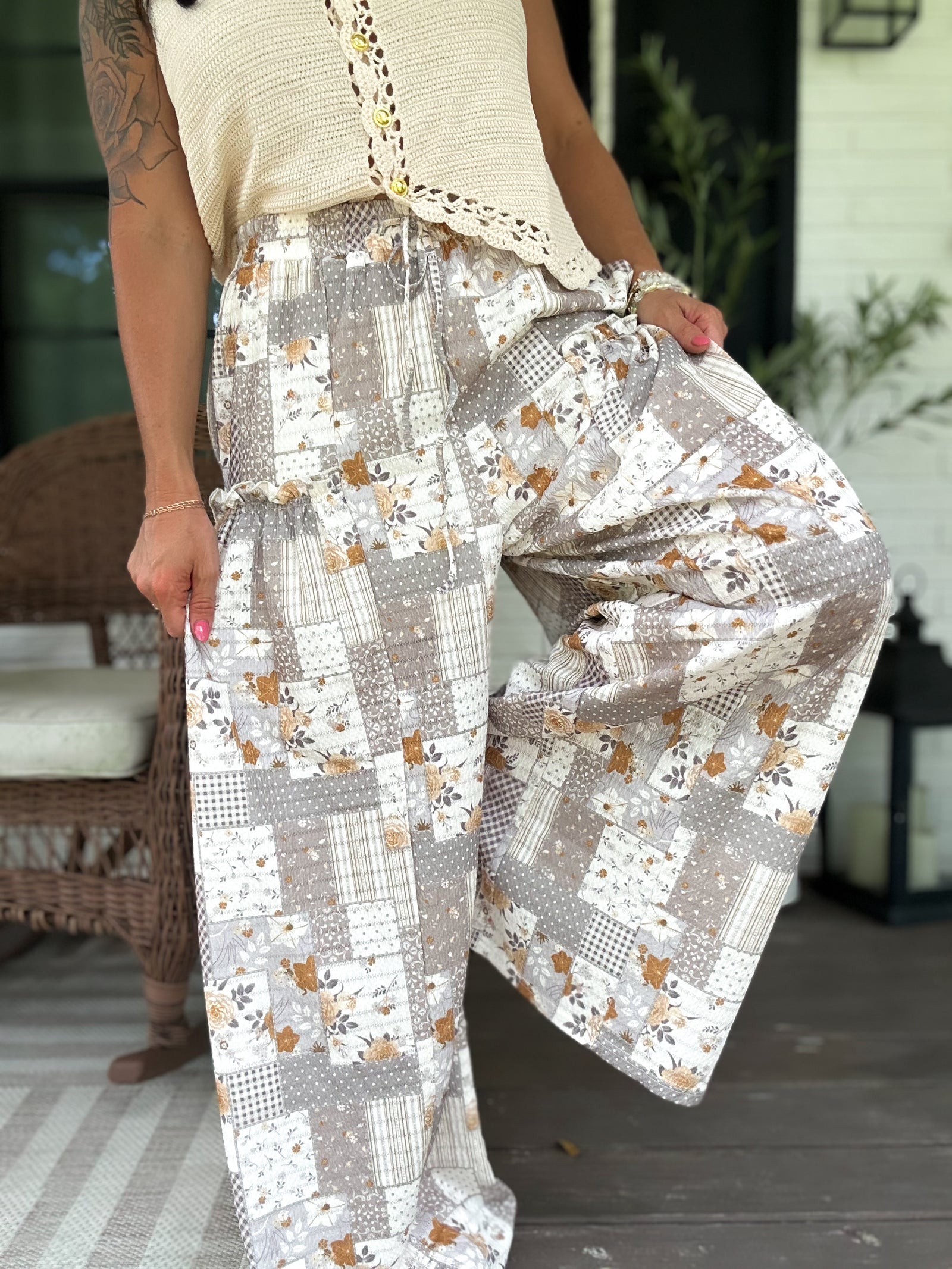 Nora Patchwork Print Textured Wide Leg Pants