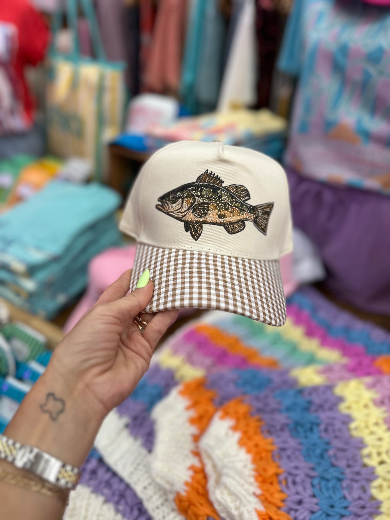 Rhinestone Bass Tan Gingham Trucker Hat