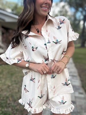 Parker Mallard Print Ruffle Sleeve Shirt