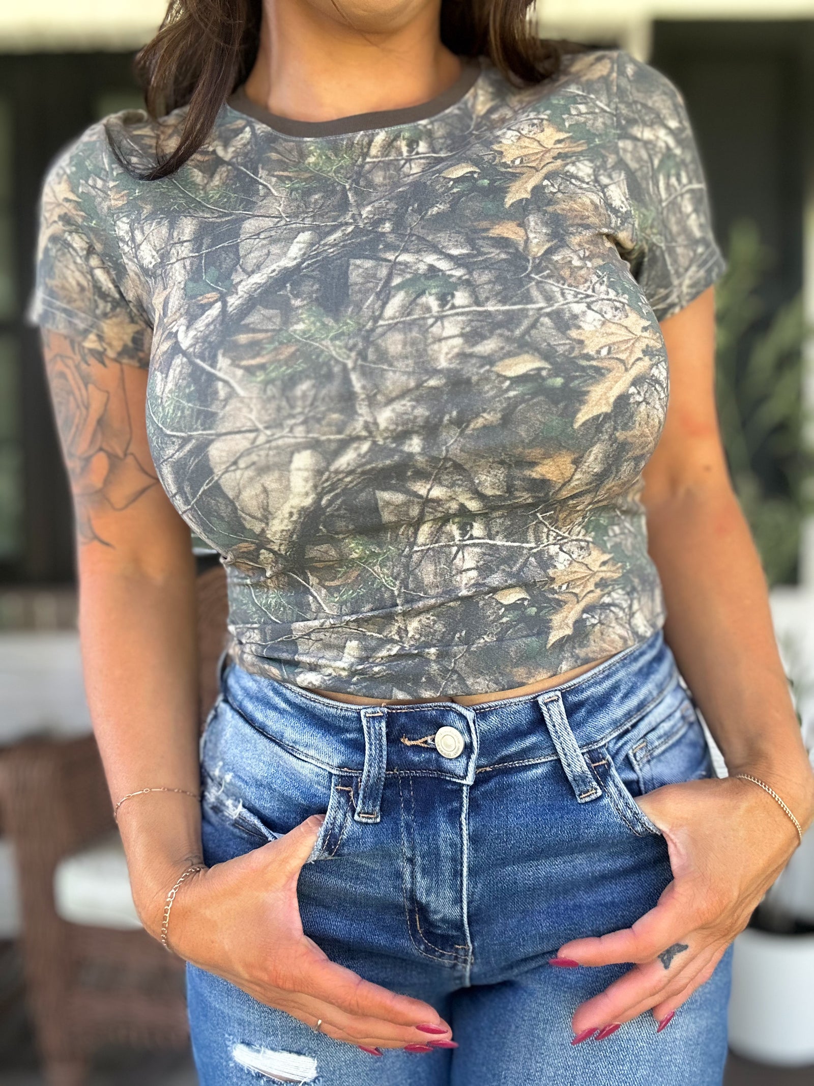 Nola Dark Woodland Camo Jersey Baby Tee