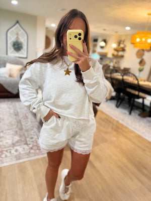 Willow Round Neck Lace Trimmed Crewneck - Gray