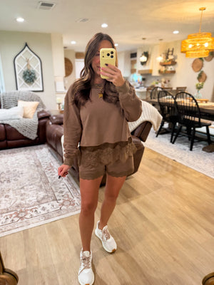 Willow Round Neck Lace Trimmed Crewneck - Brown