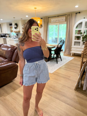 Landyn Striped Cotton Ruffle Shorts - Blue