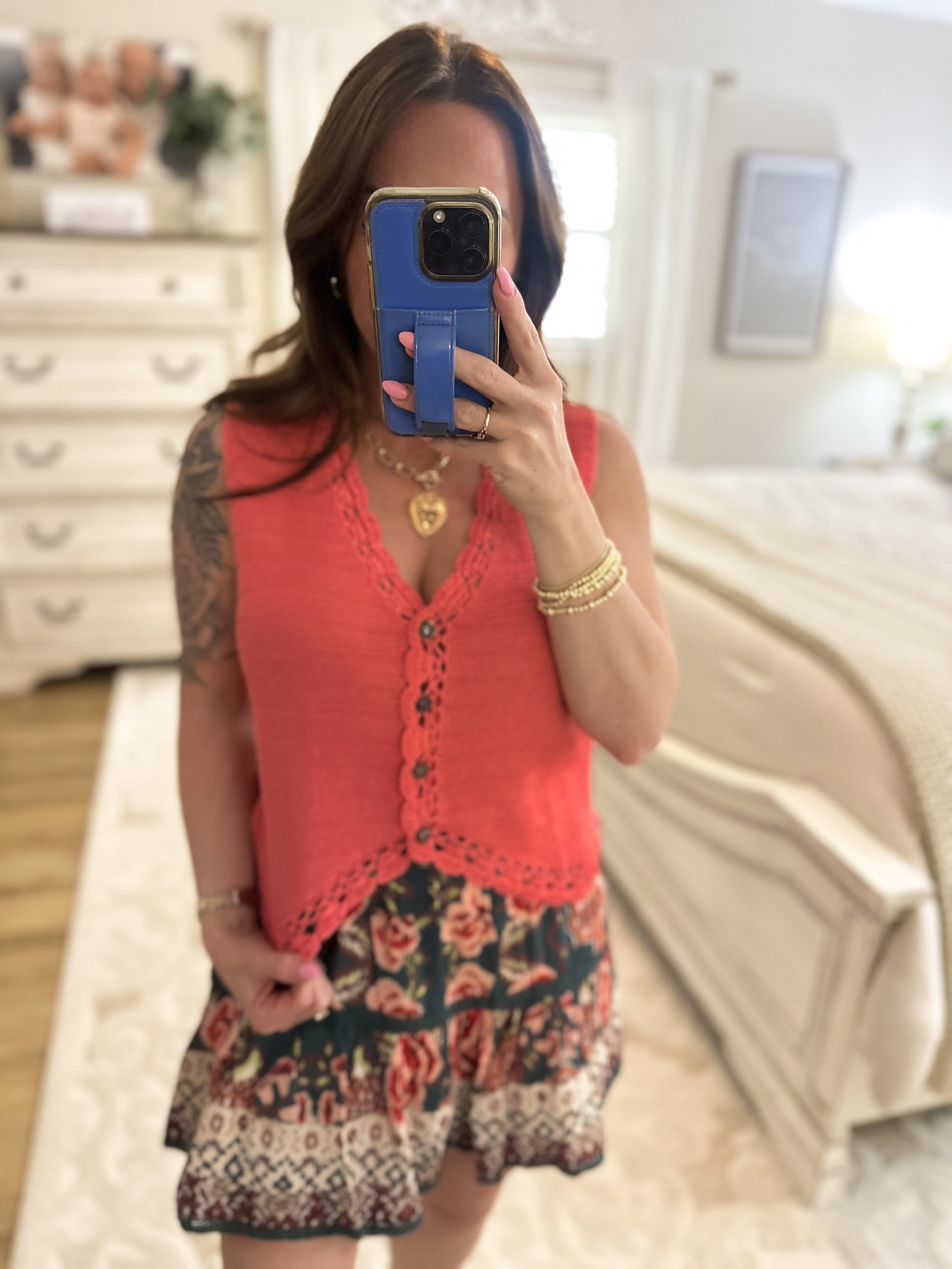 Braylee Crochet Sweater Vest - Coral - Tennessee Jane